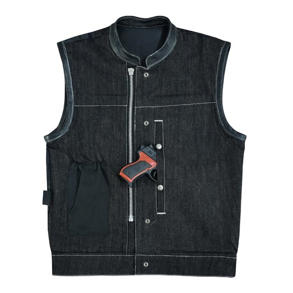 Men's Denim Leather Vest with White Stitching - Picture 6 of 7